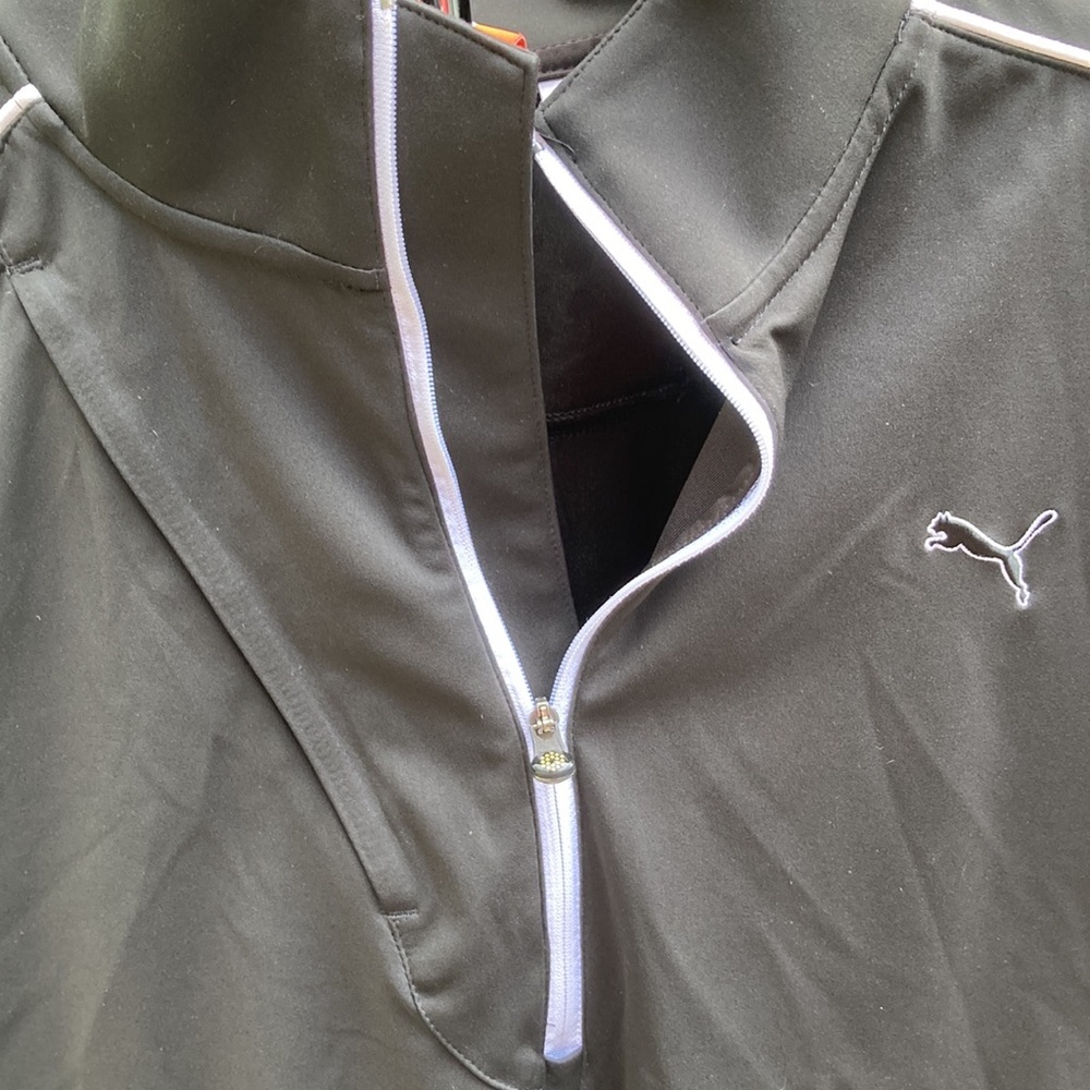 PUMA Golf 1/2 zip Black Shirt white stripe design front pocket Wing Cell sports - Picture 4 of 12